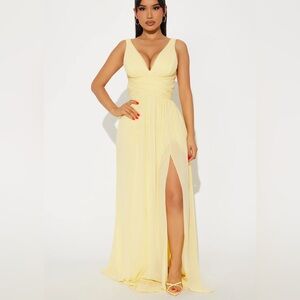 Fashion Nova Juliet Chiffon Ruched Maxi Evening Event Gown Butter Yellow